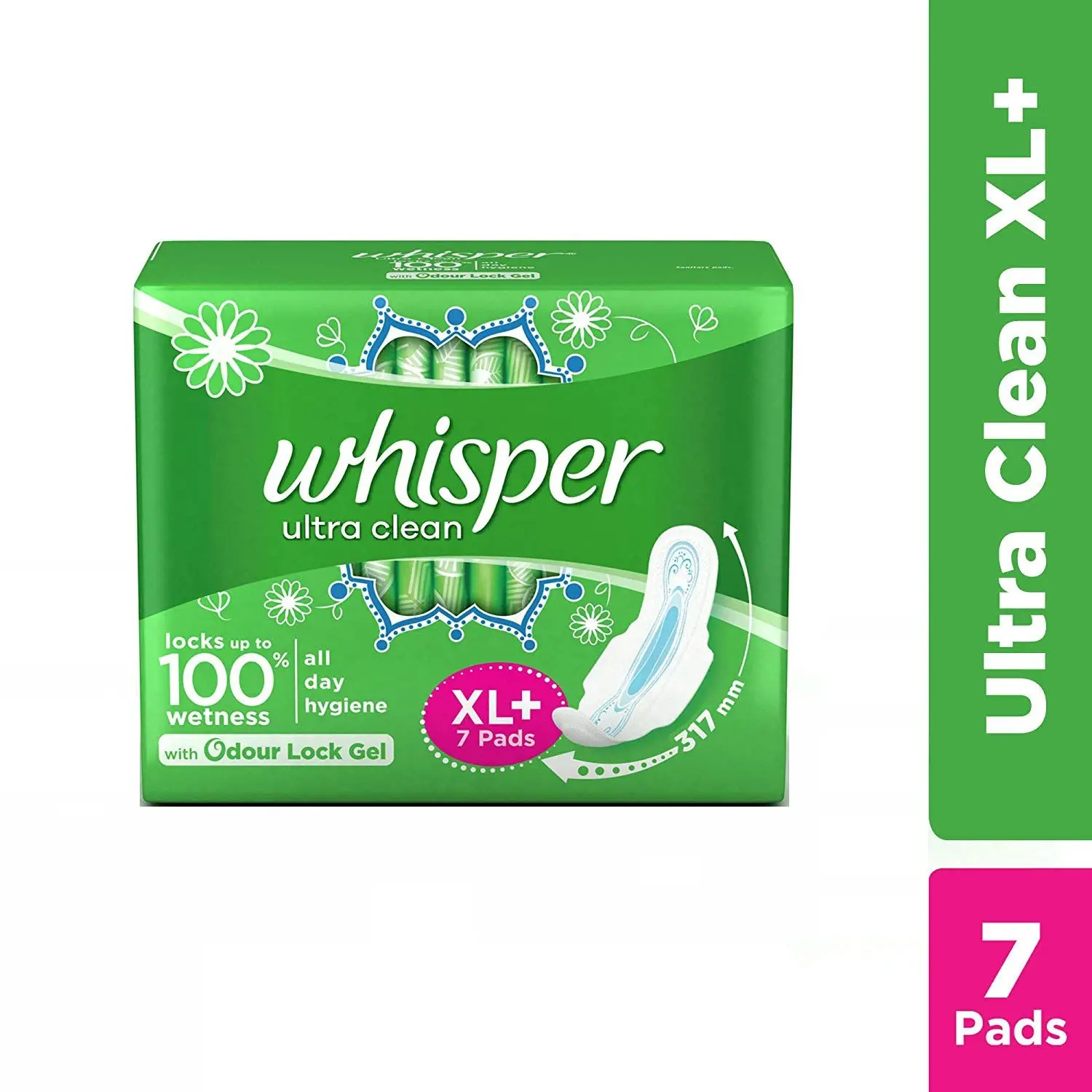 Whisper Ultra Clean Sanitary Pads For Women XL + 7 Napkins With 3 Smart Layers Long Lasting Coverage
