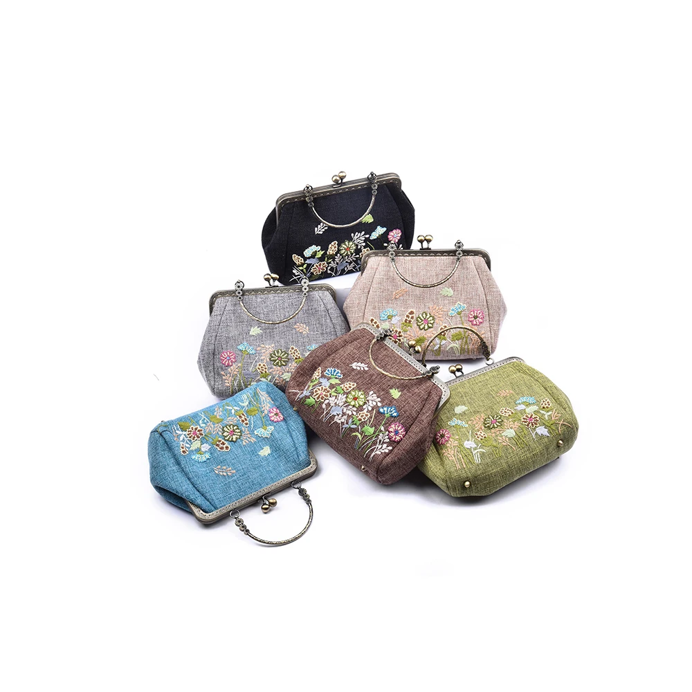 Shoulder Hemp Bag with Copper Binding Straight Hand Strap Sequin and Glass Bead Flowers and Grass Patterns Embroidery Chain