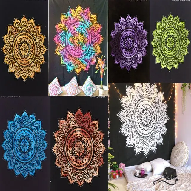 Queen Size Bohemian Floral Cotton Wall Hanging Bedding Hippie Style Printed Indian Design Multiple Color Handmade Tapestries