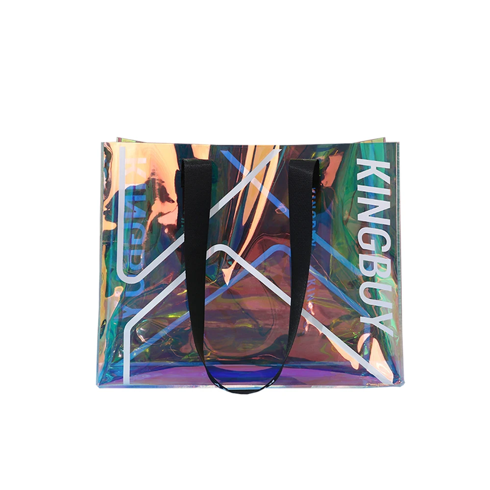 Laser film stand up bag  Wholesale  Eco-friendly Source factory customized personal logo shopping handle PVC plastic  bag