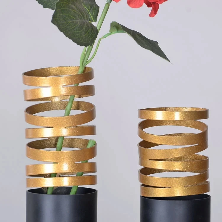 Home decoration modern design gold black spiral cylindrical flower metal vase Golden flower vase office decor modern design