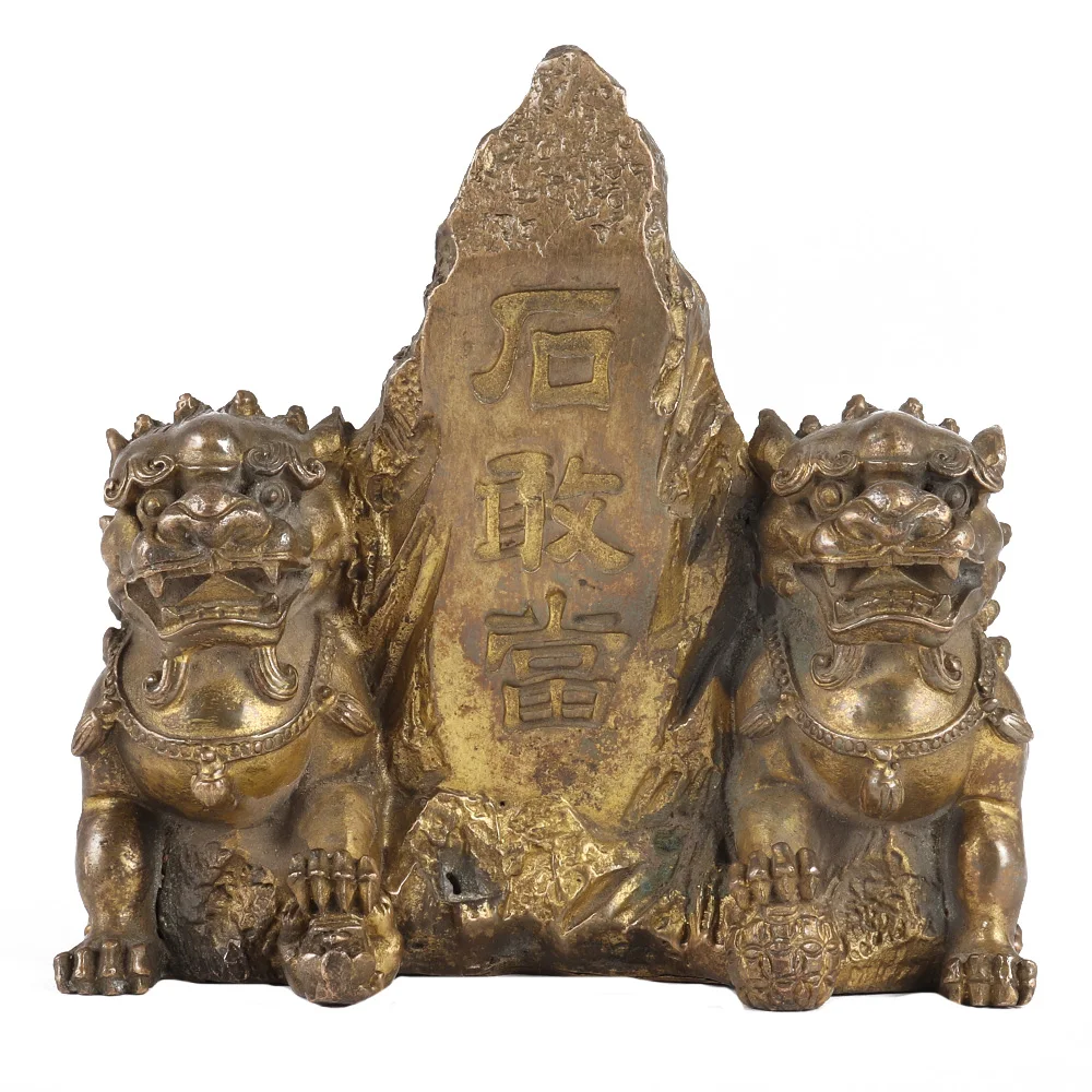 Handmade Indian Brass Antique Bronze Pair of Chinese Lions Sculptures Figurine Statue Home Decor Gift Items 11 x 9 cm SNC-69