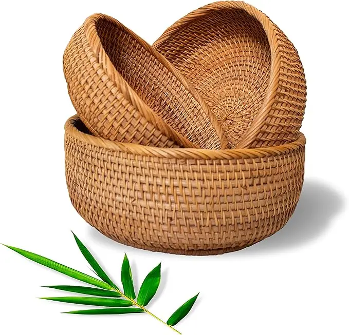 Best Price Vietnam Handmade Decorative Eco-friendly Round Shape Rattan Handwoven Basket Storage for Fruit and Vegetable hamper