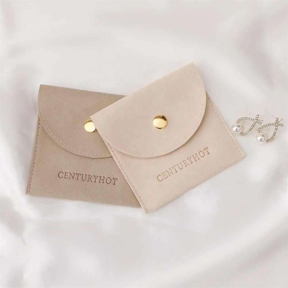 Custom  Khaki Microfiber Jewelry Pouches , Jewelry Packaging Button Bags, Handmade Round Jewelry Pouch with Logo