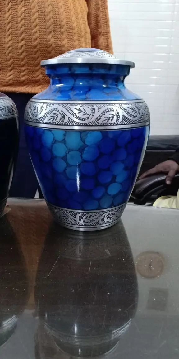Sky Blue Elegant Design Silver Brass Cremation Urn For Ashes