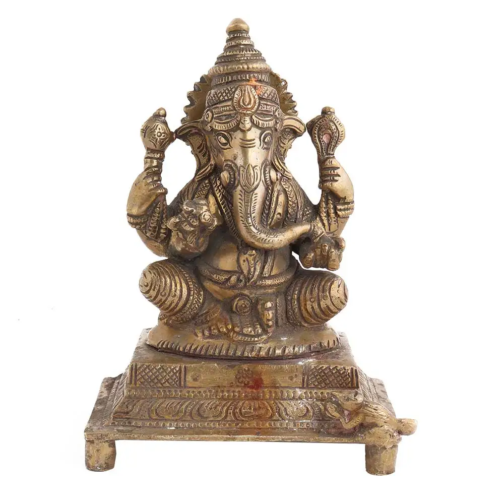 Handmade Indian Brass Gold Sitting Lord Ganesha Sculptures Figurine Statue Home Decor Gift Items Size: 17 x 9 cm SNS-769