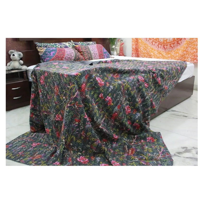 Птичий рай черное одеяло Kantha из хлопчатобумажной ткани покрывало постельное белье богемное лоскутное стежка сделано в Индии