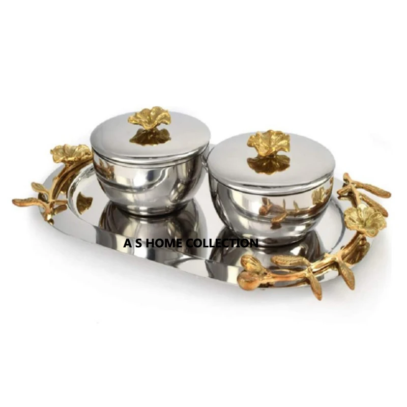 brass leaf Decorative Wedding Table Bowls With stainless steel tray For Decoration luxury Theme European Style Dry Fruit Bowl