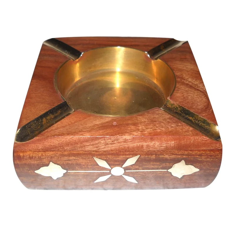 High Quality Acacia Wood Ashtray Handcrafted Unique Design Cigar Lighter Smoking Accessory Metal Inlay Creative Household