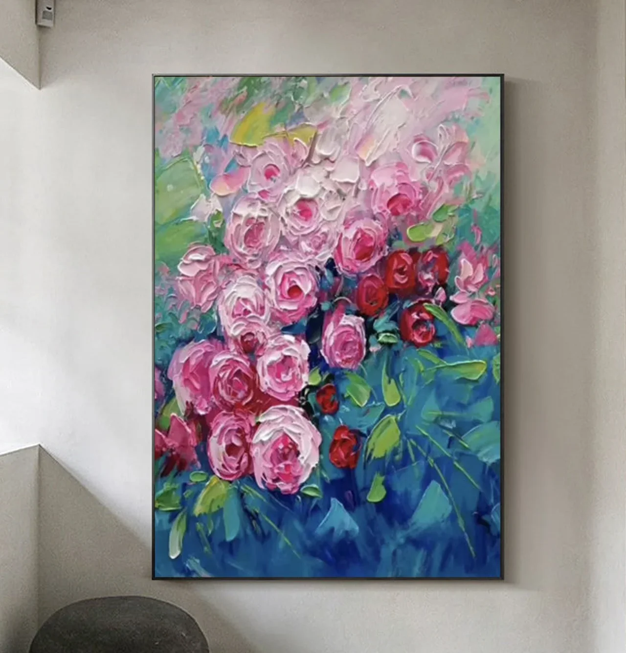 100% Real Hand Painted Abstract Pink Roses Oil Painting on Canvas,Modern Textured Floral Oil Painting for Living Room