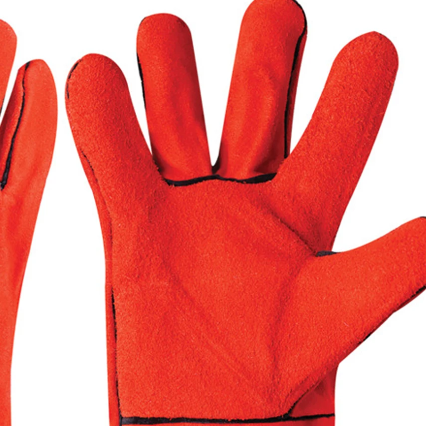 Custom made black piping red welding gloves/Cheap price cow split leather AB grade 14 inch welding gloves wholesale