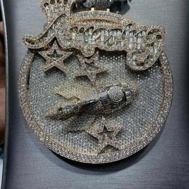 Exclusive 925 sterling silver round brilliant and baguette cut lab grown diamond iced out unique design hip hop pendant for men