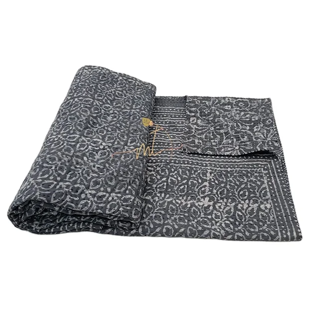 Indian Hand Printed Decorative Bedspread 100% Cotton Indigo Print Kantha Handmade Reversible Double Sided Quilted 90x108 Inch