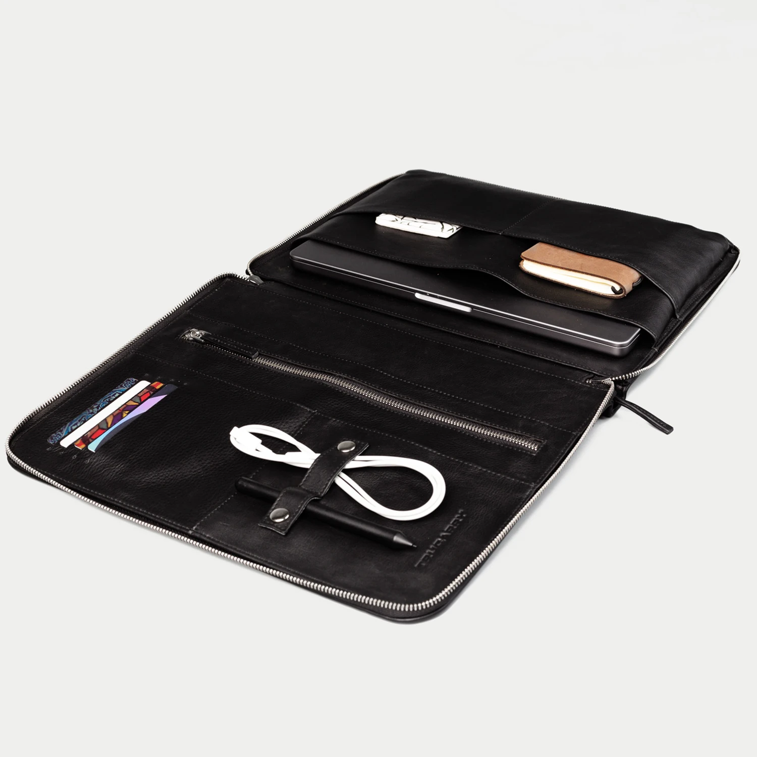 Full Grain Naturally Milled Cowhide Leather Eclectic Black Folio Organizer with Card Holders Zipper Pocket & Flat Open Pocket