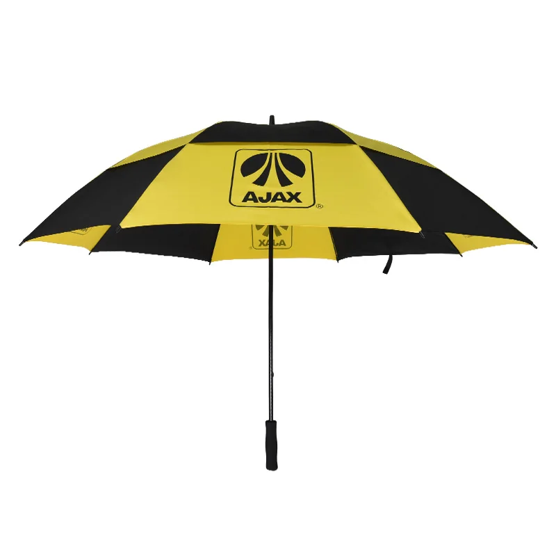 Wholesale Black and Yellow Custom Logo Strong Windproof Double Vented Layer Auto Open Golf Umbrellas