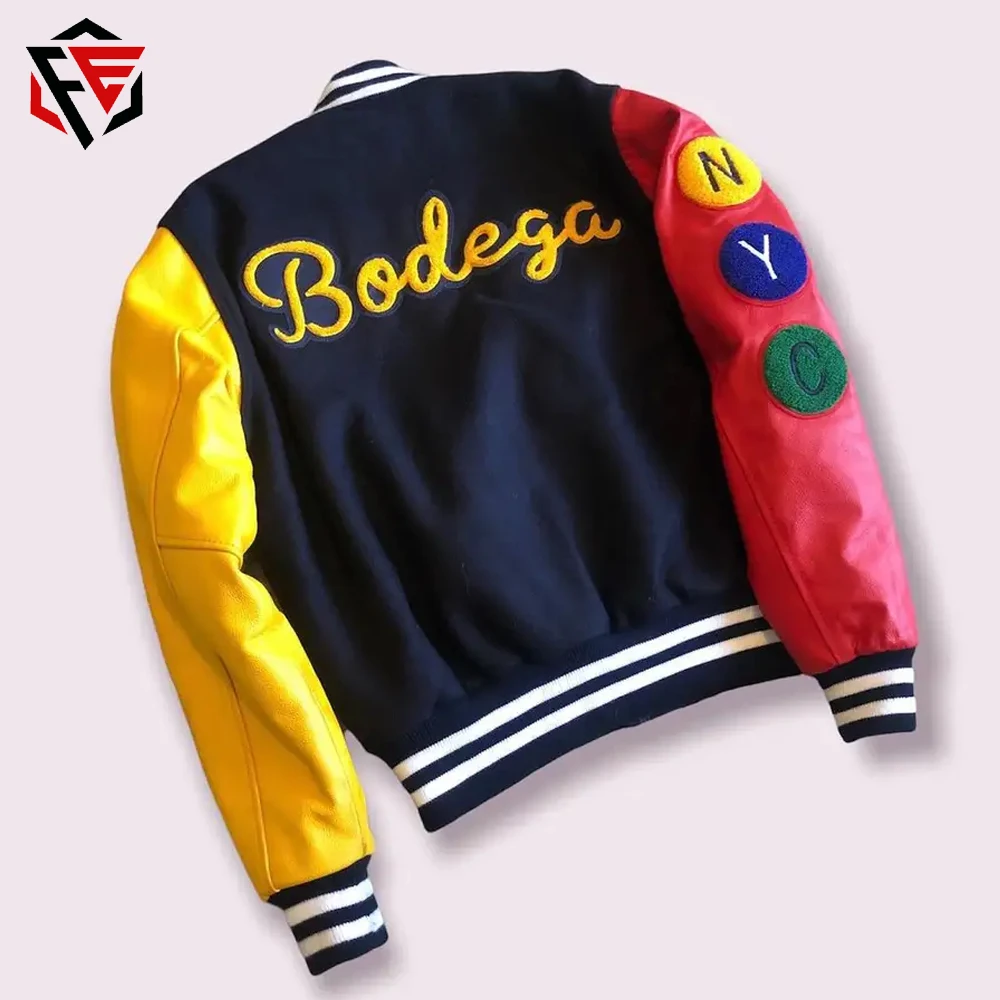 Custom Made Varsity Jacket Yellow Red Sleeves Black Body Letterman Varsity Jacket with Custom Logos Lamb Skin Leather