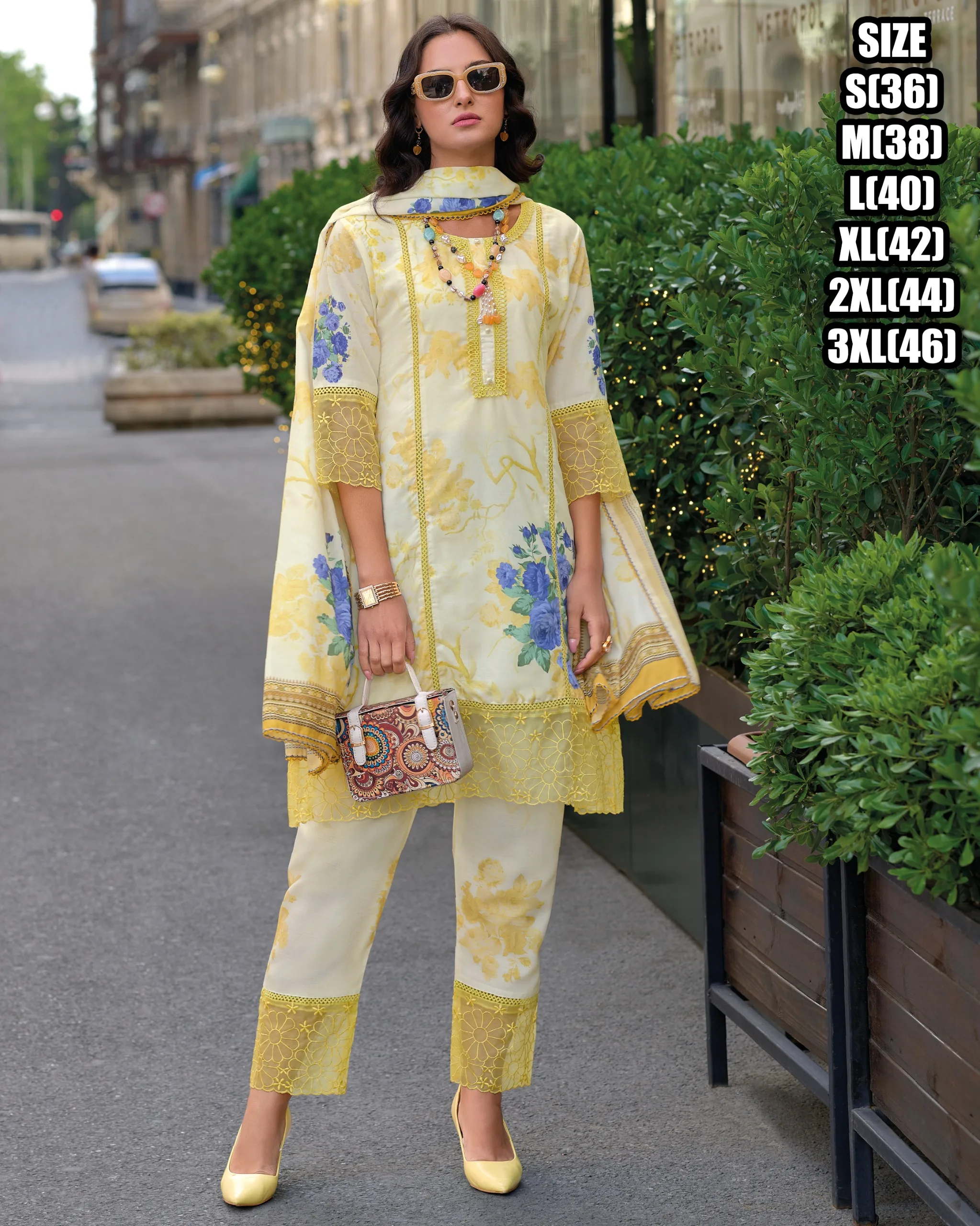 Floral Digital Print Embroidered Cotton Straight Above Knee Length Kurti Pent Set Available At Online And You Can Buy Wholesale