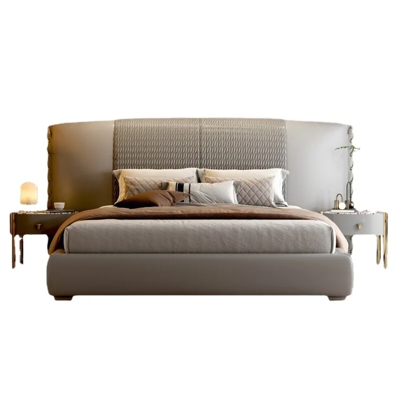 Light Luxury Genuine Leather Double King Bed with Modular Headboard Simple Modern Master Bedroom Villa Furniture Set