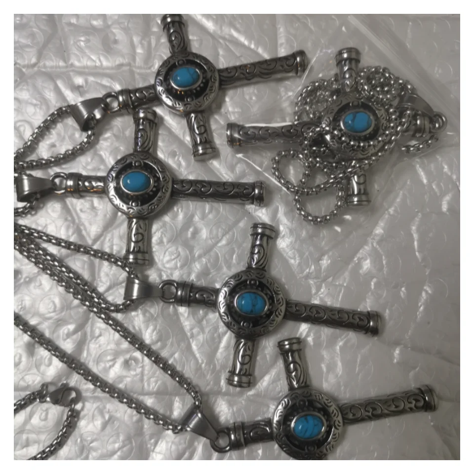 Caicai бирюзовый крест ожерелье кулон из нержавеющей стали ожерелье кулон для мужчин ретро ювелирные изделия для женщин