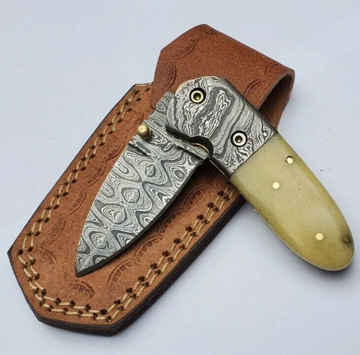 Custom Handmade Mini Pocket Knife Damascus Steel Folding Knife with Leather Sheath Bone Handle Camping Made Pakistan OEM Support