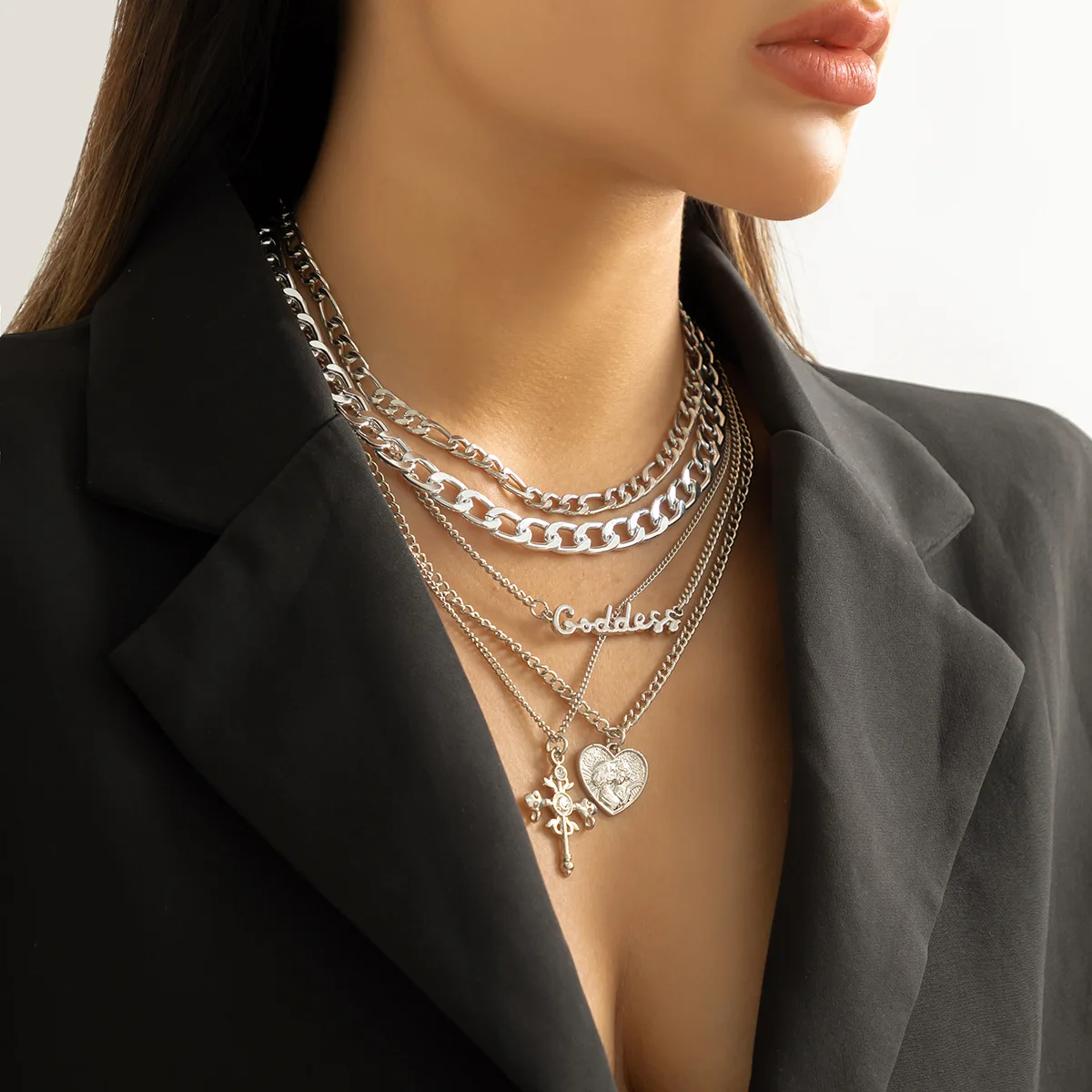 Hip-hop style letter chain necklace Gothic style retro multi-layer portrait cross pendant necklace