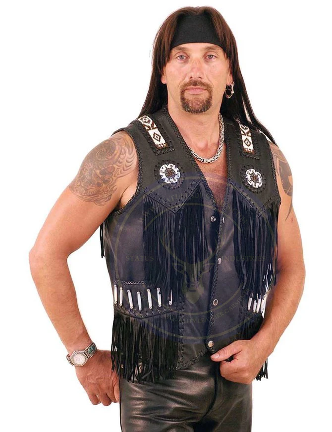 Men Fringed & Beaded Hand Made Work with Bones Western Cowboy American Men Genuine Black Leather Vests Waistcoat For Men