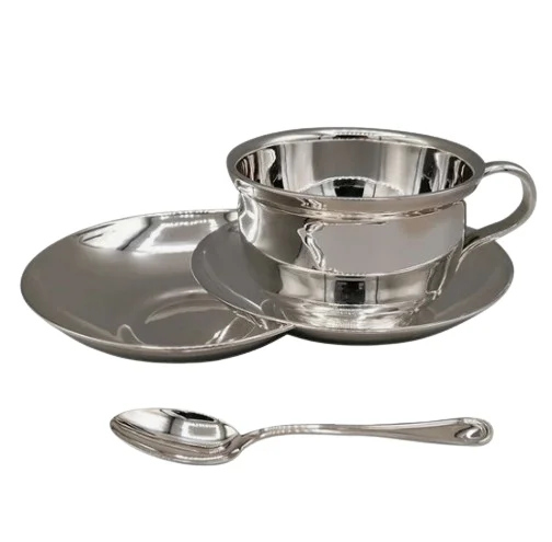 Silver Finished Tea Cups And Saucers Double Wall Tea Cup Saucers Stainless Steel Espresso Afternoon Tea Coffee Cup Set