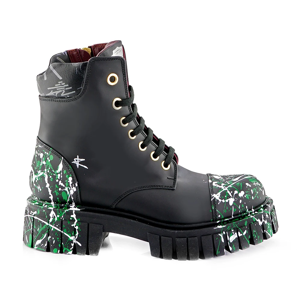 HIGH QUALITY YOUNG HANDMADE BLACK LEATHER ANKLE BOOT GREEN DETAILS WALKING MAN BOOT MADE IN ITALY