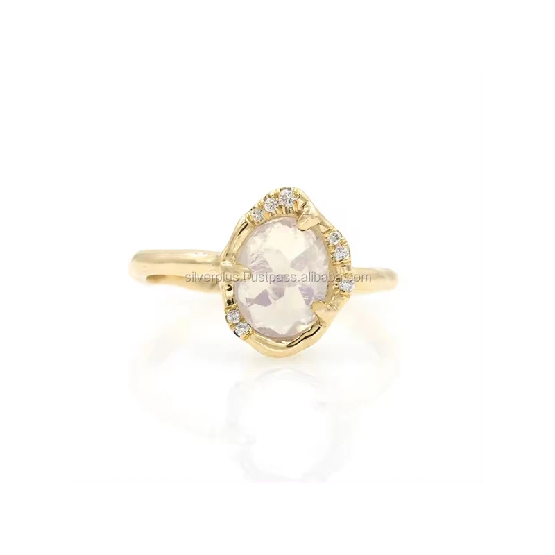 Natural Diamonds Moonstone Ring Solid 14K Yellow Gold Fine Jewelry !! Size 3 to 9