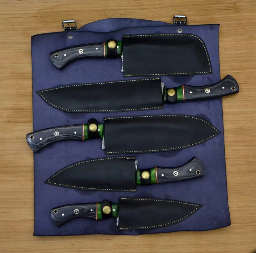 Custom Handmade Damascus Chef set Of 5pcs With Leather Cover Kitchen Knife Damascus Knife Set Kitchen knives set
