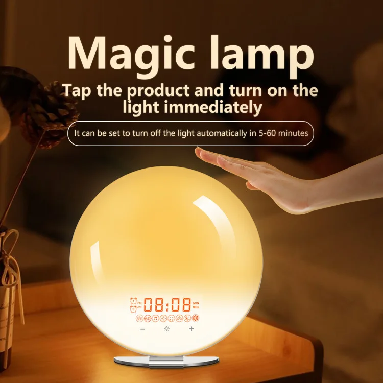 Magic Lamp With 7 Colors Led Mood Lights And 7 Natural Sounds And Fm Radio Clock, Wake Up Light With Snooze Function And Timer