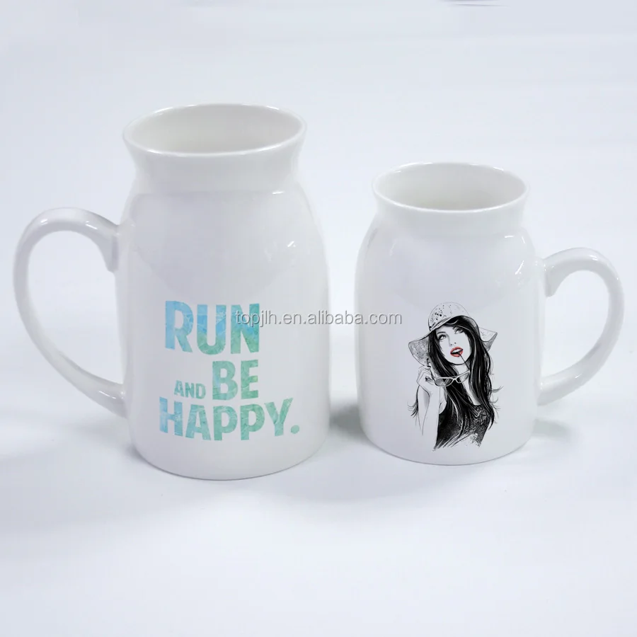Topjlh Sublimation custom logo good quality white ceramic milk cup for Christmas ceramic tea cup with handle Wholesale