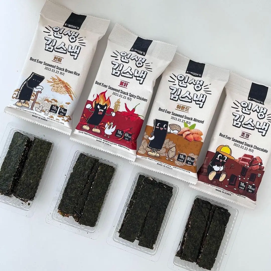 seaweed laver snack made in Korea 18g Almond Spicy Chicken Brown Rice Chocolate