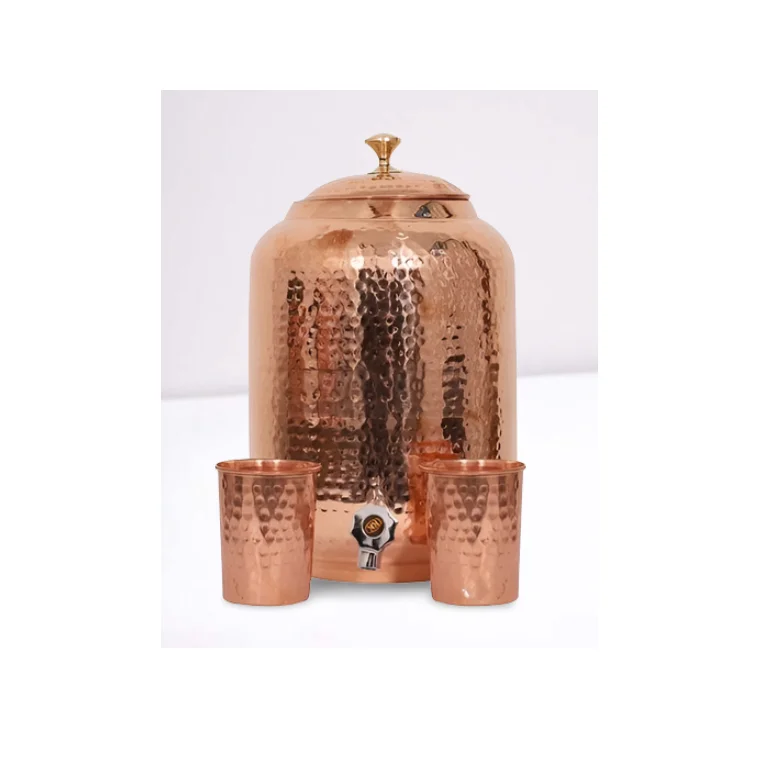 Best Design Copper Water Cooler Custom Handmade Hammered Water Cooler Copper With Glass and Steel Stand Indian Style