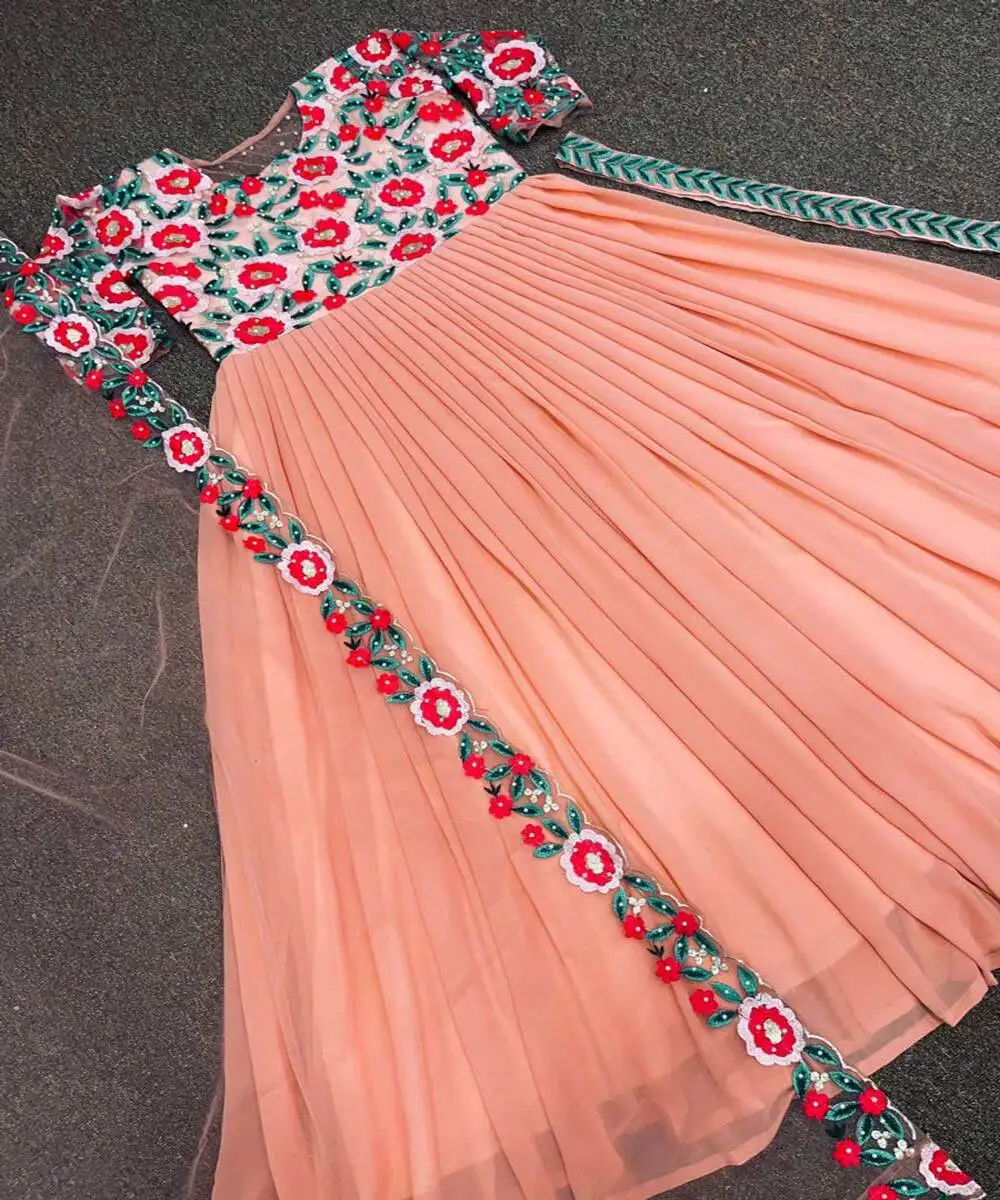 Fabulous festival wear new arrival anarkali flour length long gown with dupatta georgette fabric yellow border regular sleeve