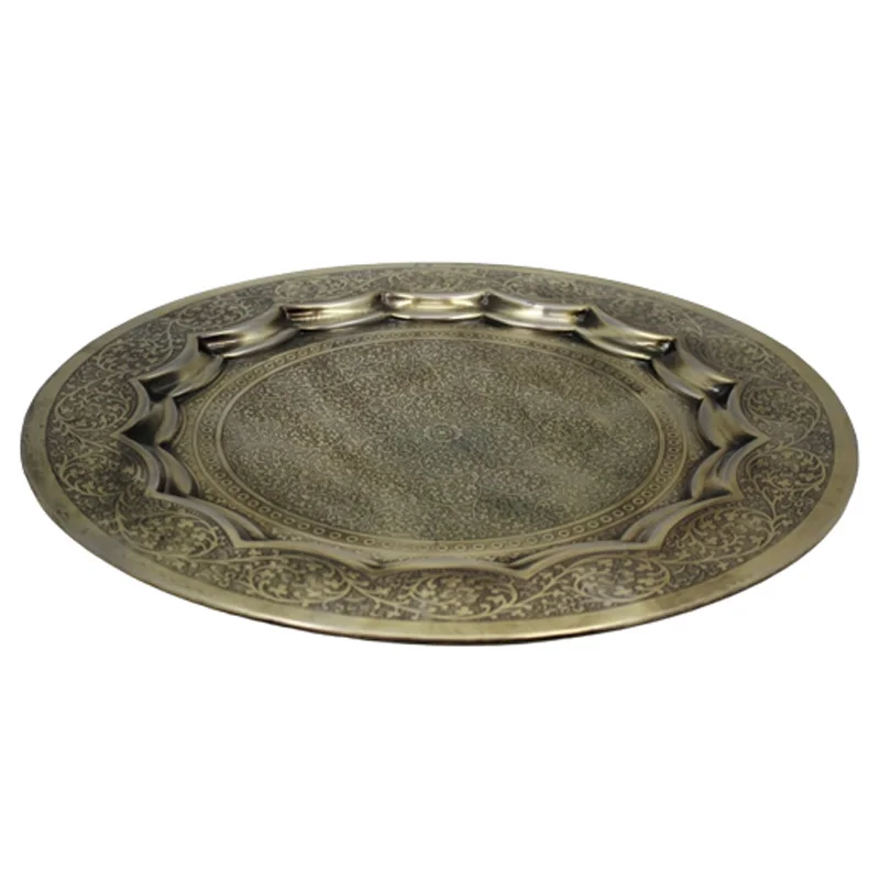 Metal Round Shape Serving Plate Nickel Antique Color Plate Dish And Tray For Serving Food In Restaurant Handcrafted