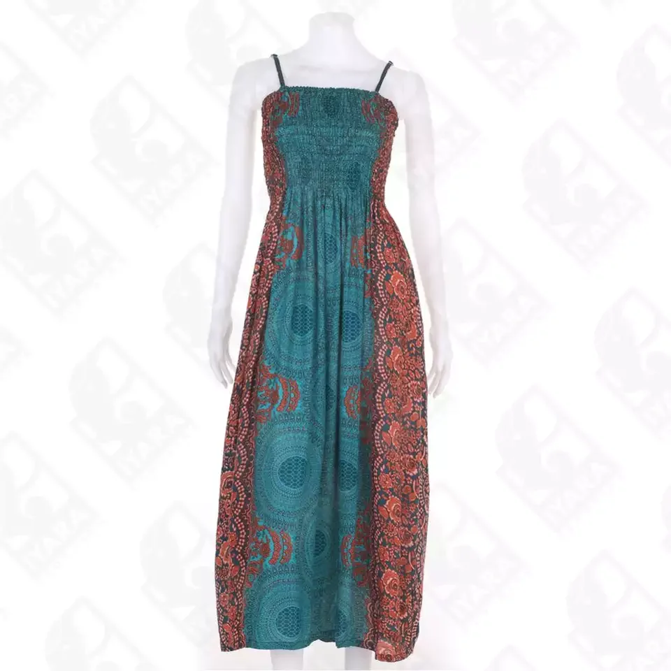 New Designed Long Sleeve Maxi Dress Art print Hippie Boho Long Beach Maxi Women Dress from Thailand Factory