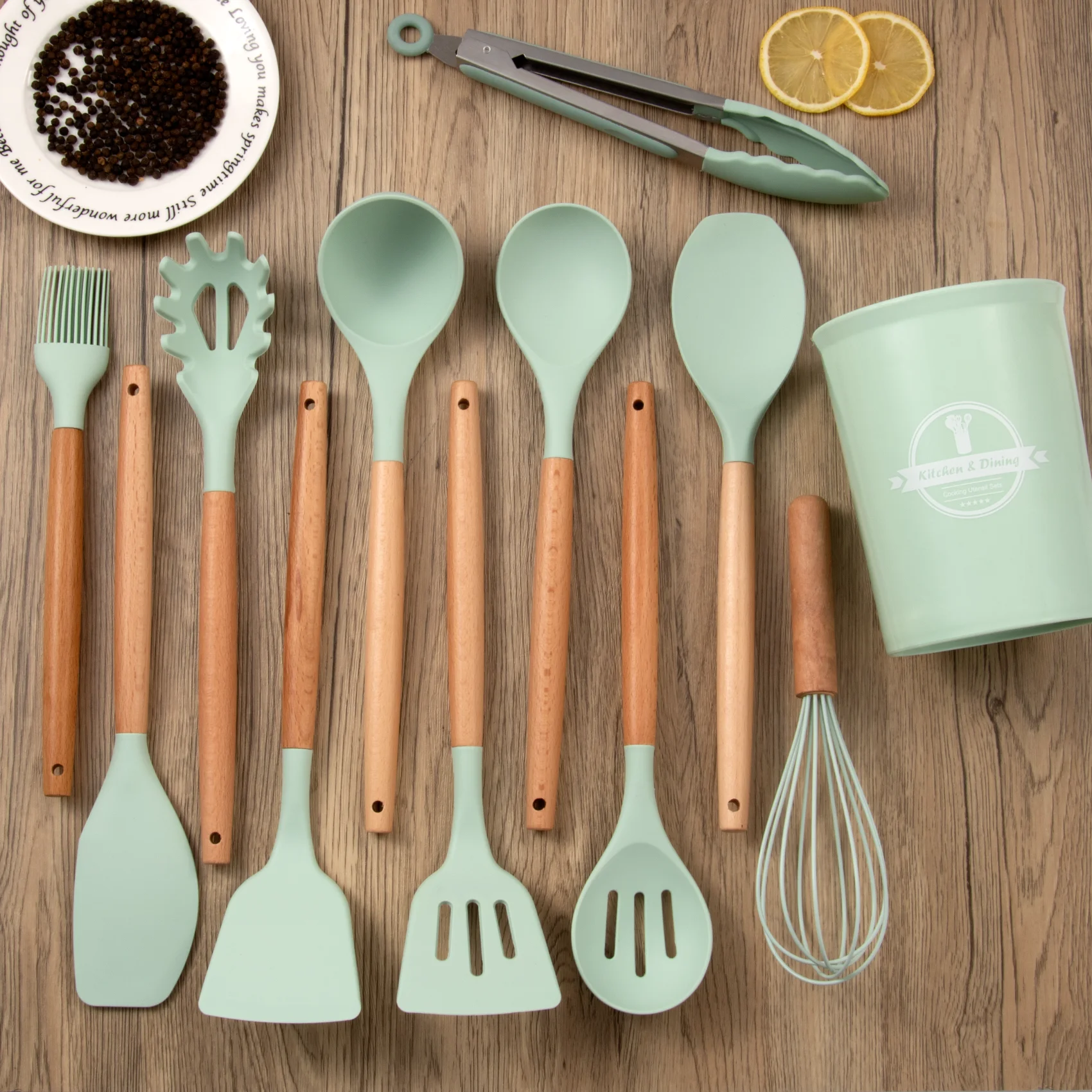 Factory Wholesale 12 Pieces Silicone Kitchen Accessories Cooking Tools Kitchen Spatula Utensils Sets with Wooden Handle