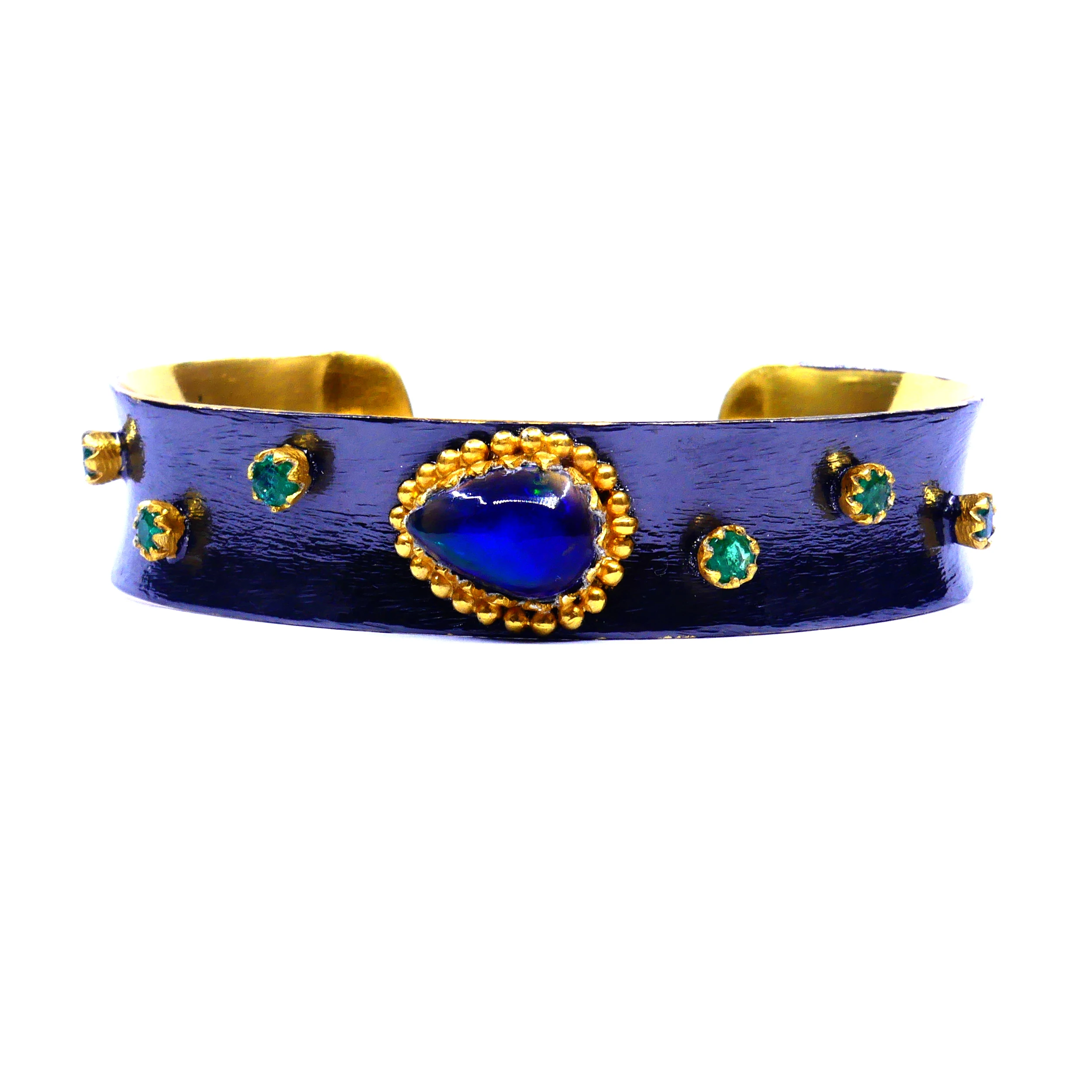 Handmade Oxidized 925 Sterling Silver Black Opal and Emerald Gemstones Daily Wear Ladies Cuff Bangle