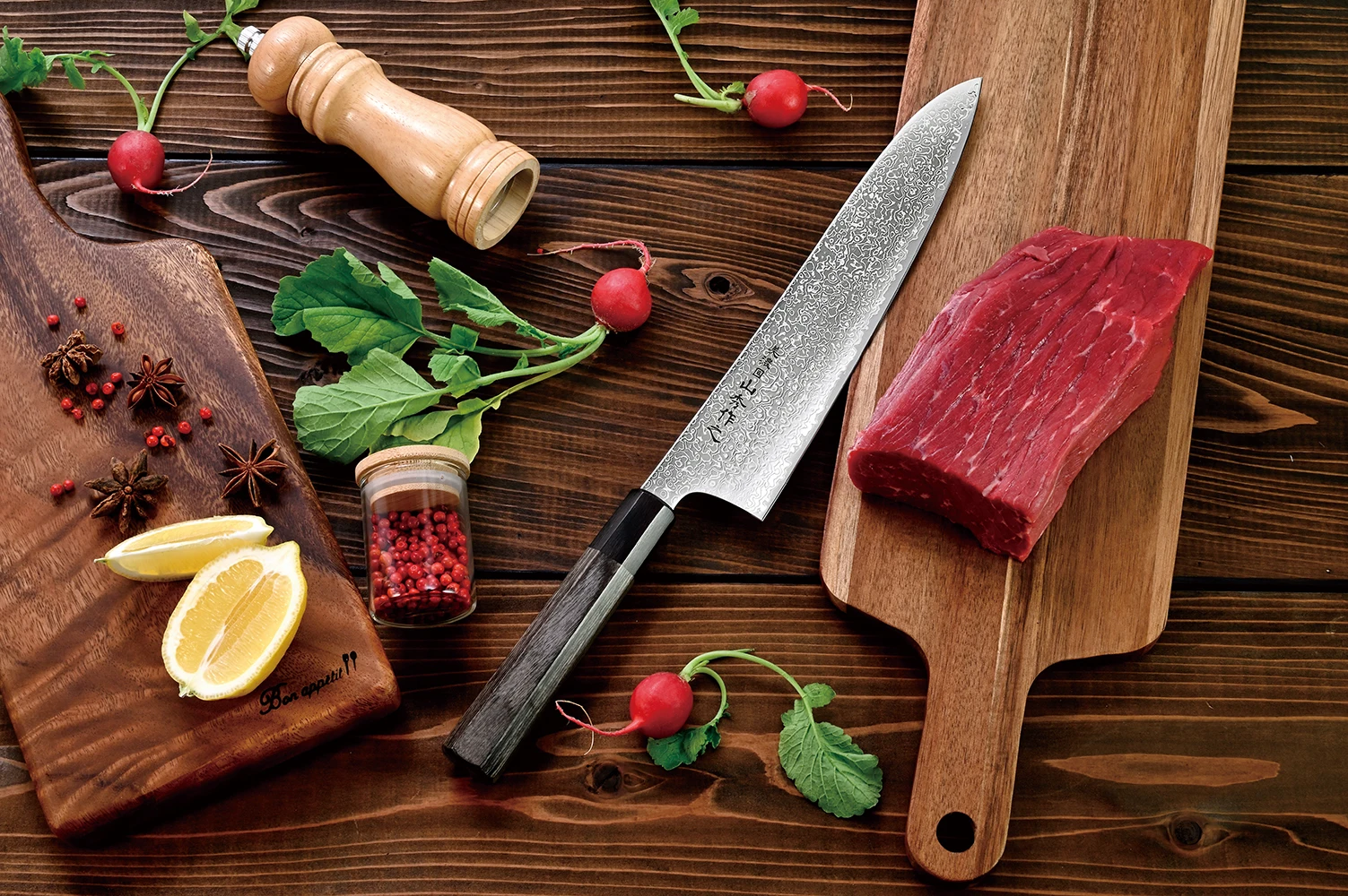 Most powerful stainless steel knife for meat cutting with beautiful damascus chef knife by japanese traditional craftsman