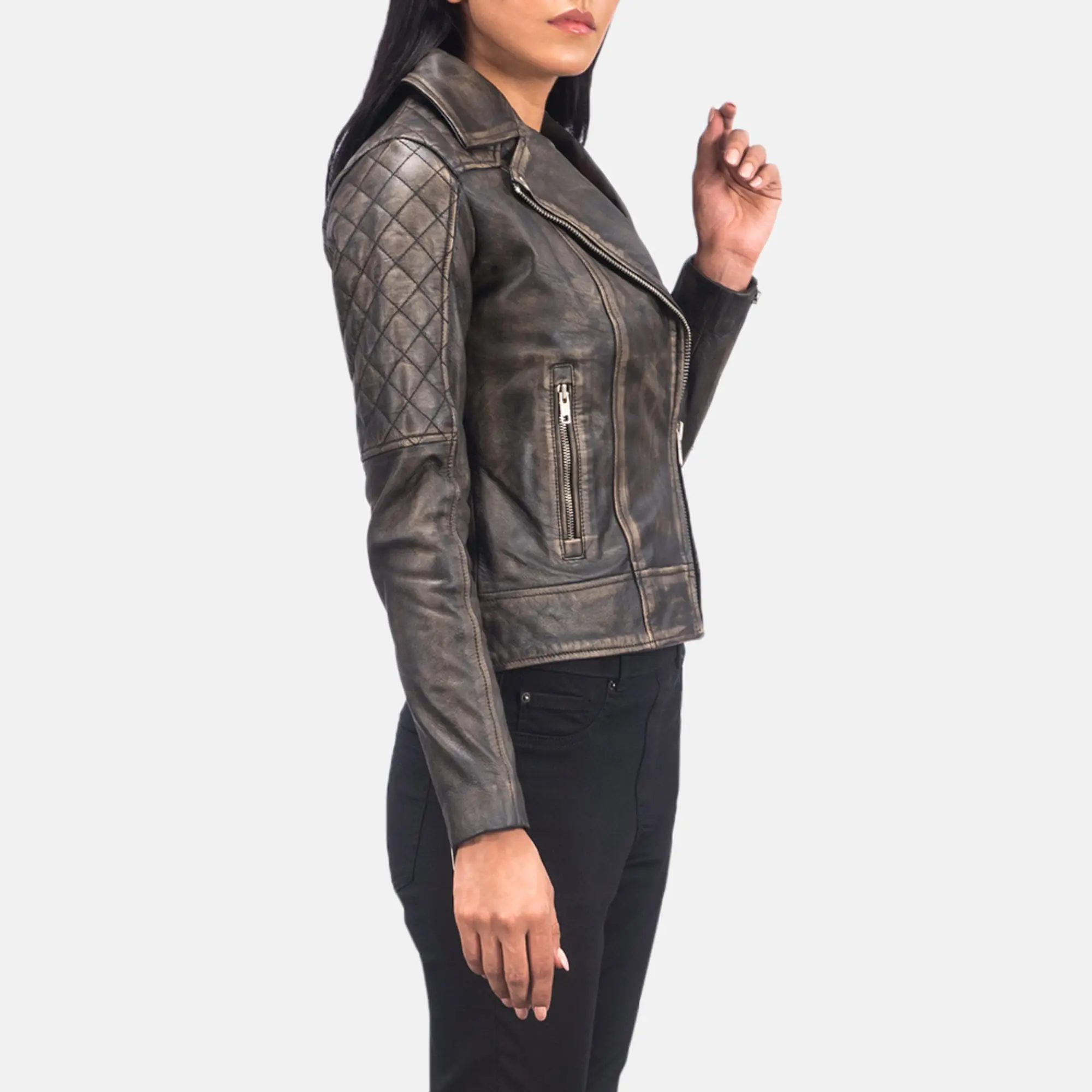 Real Leather Sheepskin Aniline Zipper Carolyn Quilted Distressed Brown Women Biker Jacket with Quilted Viscose Lining and Inside