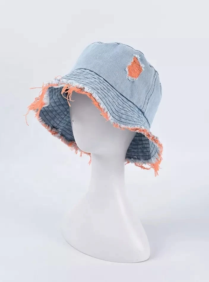 Wholesale Ladies Bucket cap and hat Fashion For Womans Two Colour Frayed Brim Worn Out Design Cool Denim Jeans Bucket Hat