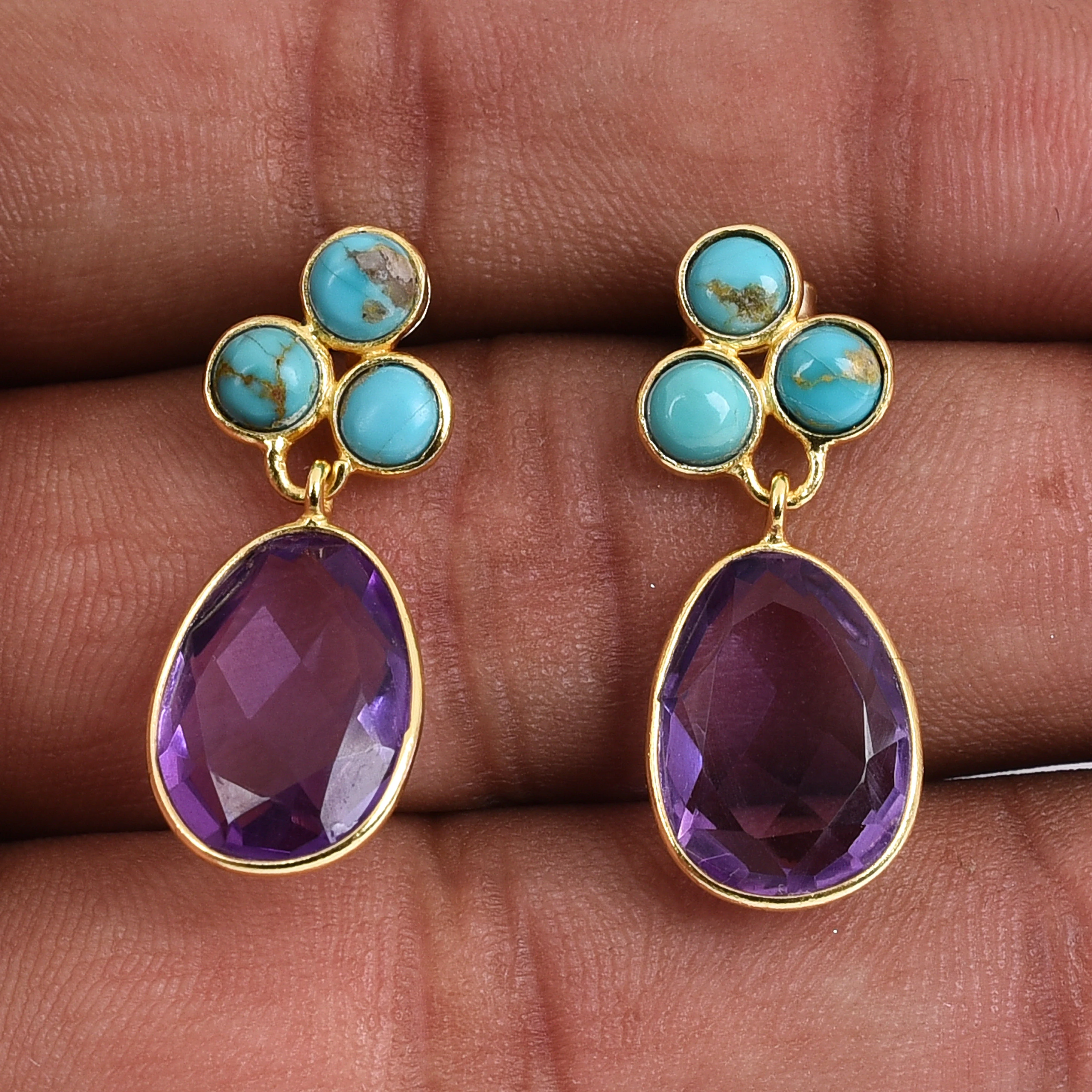925 Sterling Silver Gold Plated Earring with Turquoise and Amethyst Earring Handmade Jewelry Gift For Her Wholesale Jewelry