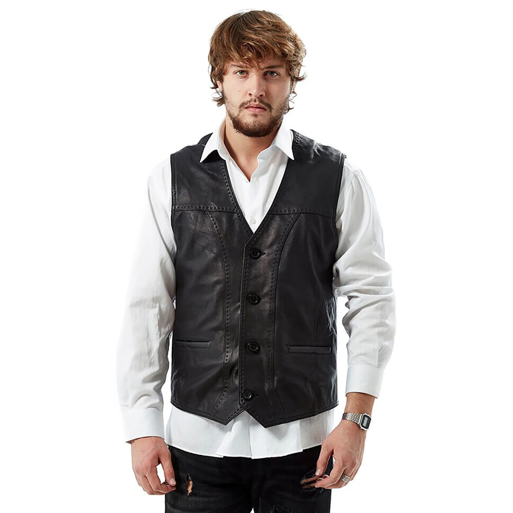 New Fashion Classical Motorcycle Biker Leather Pu Cowhide Vest Men Genuine Leather Sleeveless Vest