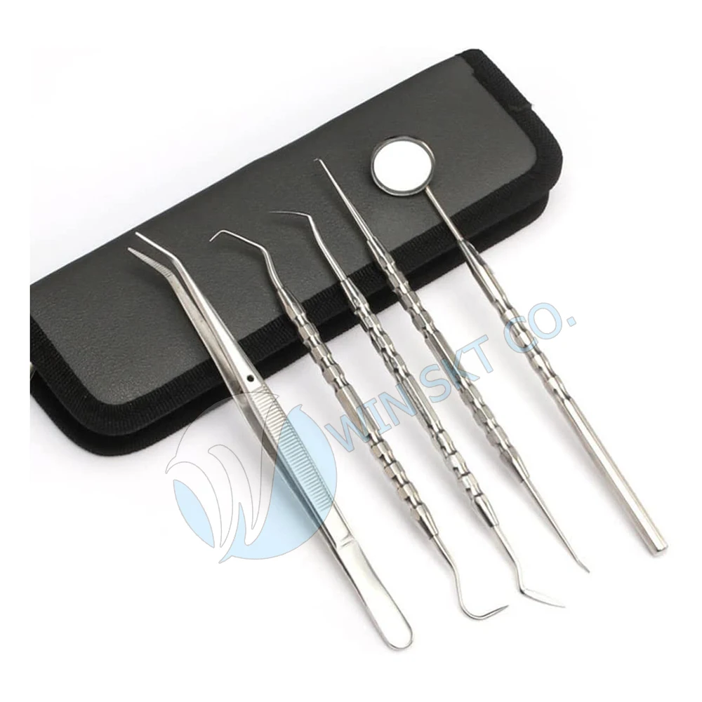 Premium Quality 5 Pcs Mouth Mirror Tweezers Scaler Stainless Steel Dental Teeth Whitening Cleaning Dental Set