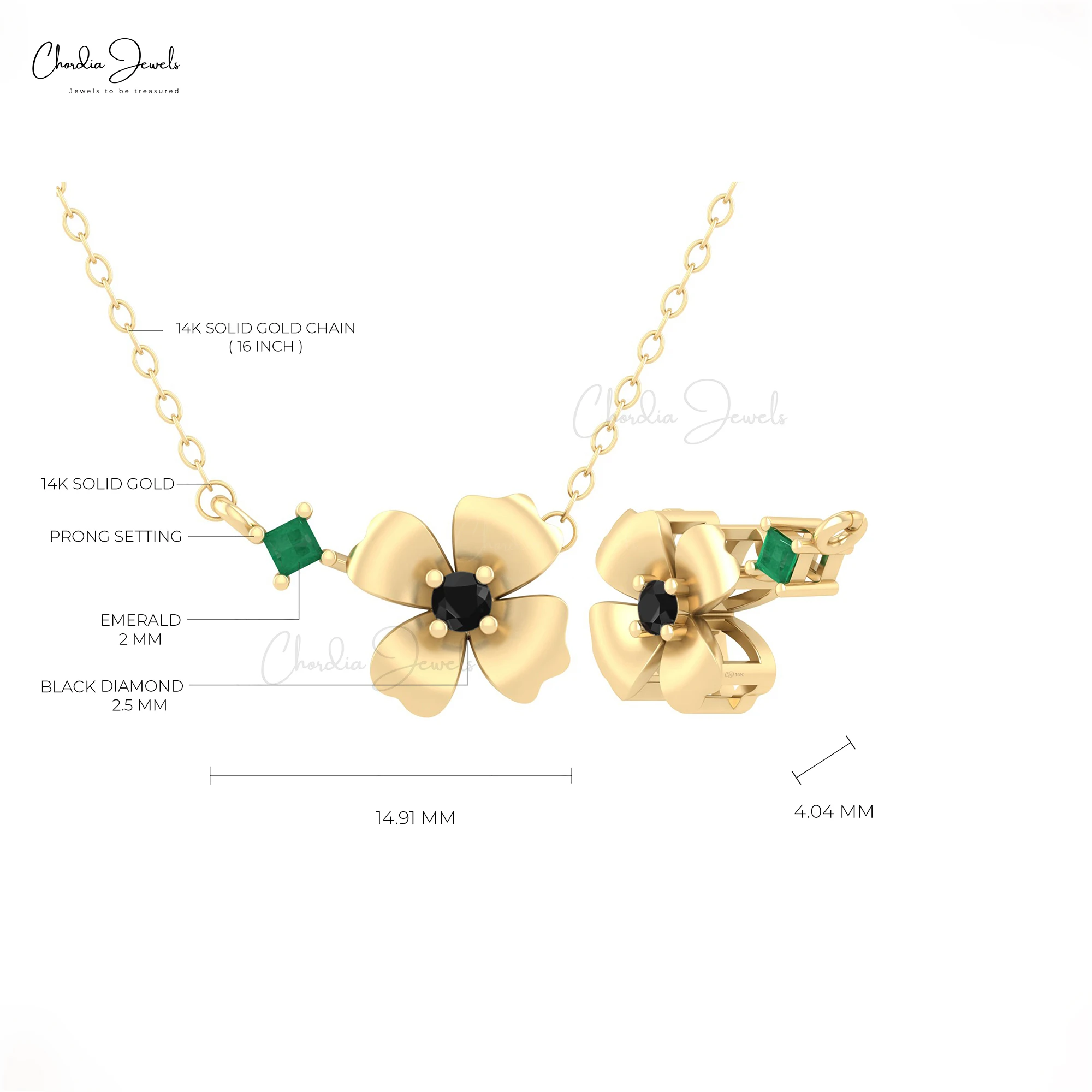 Trending Floral Necklace Real 14k Gold Pendant Necklace 0.05 Ct Square Emerald and Black Diamond Jewelry with Premium Packaging
