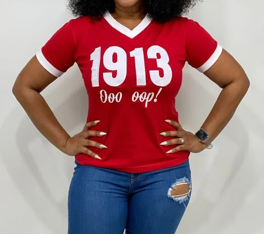 high  quality cotton DST 1913  greek  Lettered V-neck ringer T-shirt sorority  delta t-shirts