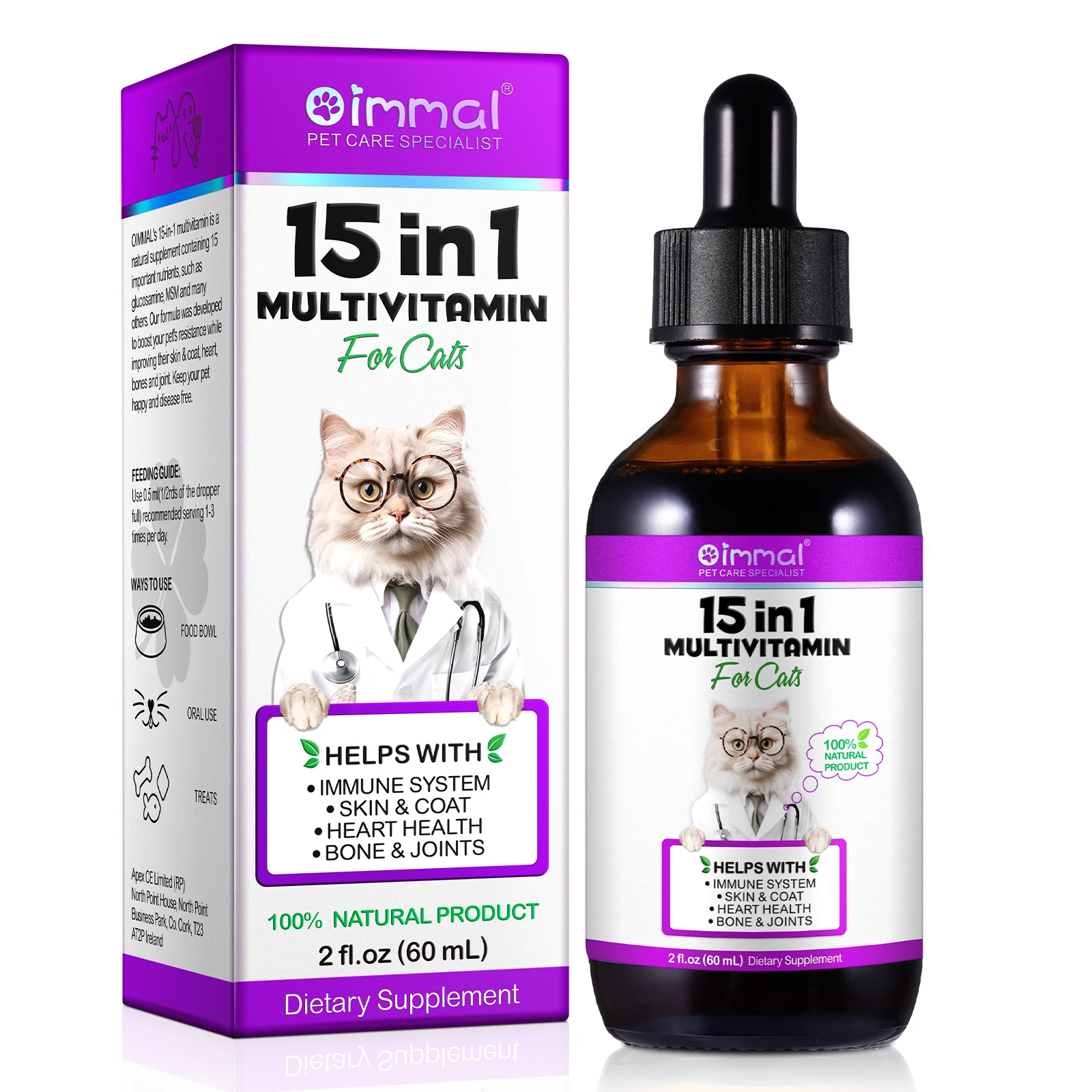 Oimmal 60mL Liquid Vitamins 15 In 1 Cat Multivitamin Drops Supplements for Digestive Health Joint Support Skin & Coat Health