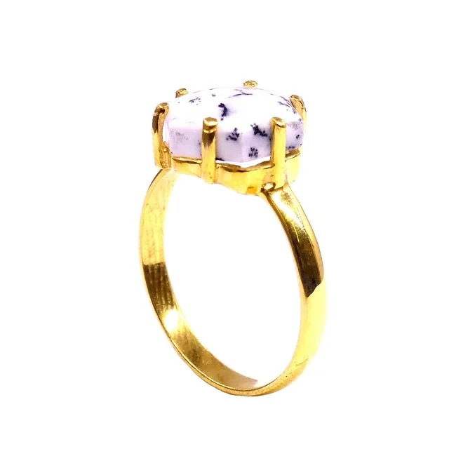 Sterling Silver 925 Fashionable and Pure Gold Plated Hexagon Dendrite Opal Precious Gemstones Rings. Trendy and Charm Rings