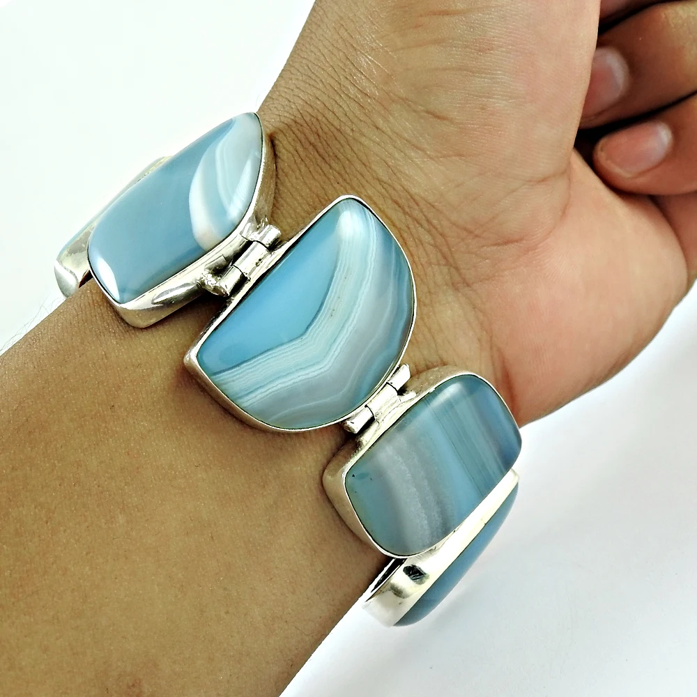 Best Selling New Design 925 Sterling Silver Natural Striped Onyx Gemstone Cabochon Stone Shape Classy Large Stone Boho Bracelet